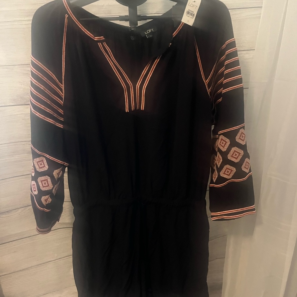 LOFT Black Romper with Red Geometric Embroidery.